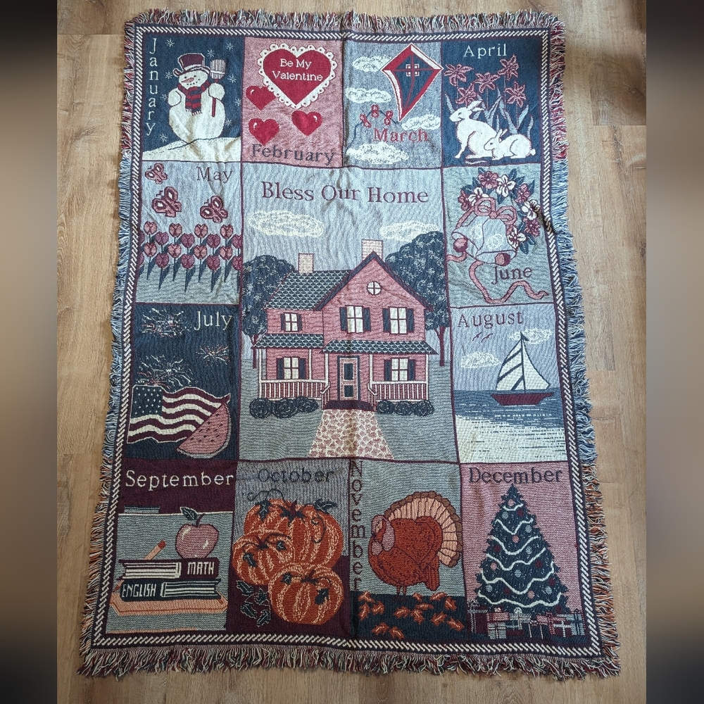 Vintage 1993 Seasonal Tapestry Blanket with Holiday Motifs